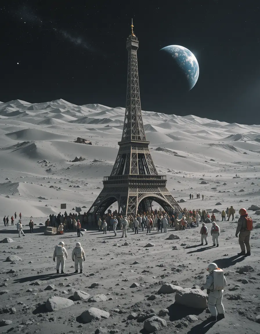 Eiffel Tower Standing On The Moon With Distant Earth View
