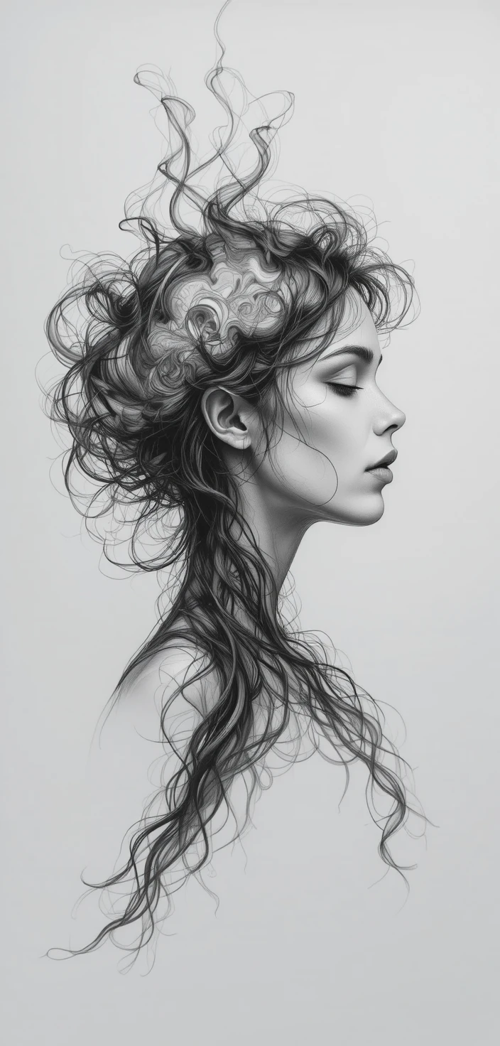 Dreamy woman profile with swirling smoke hair in monochrome