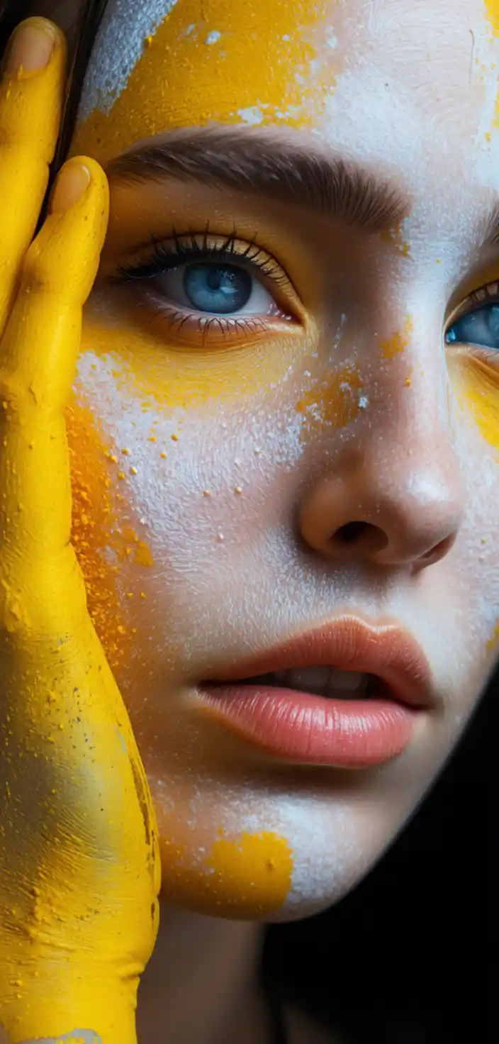 Woman with bold yellow face paint against black background