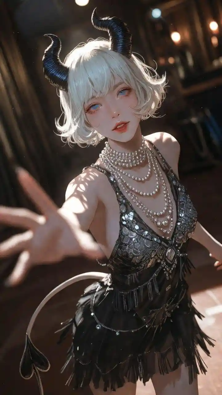 Flapper style tiefling woman dancing in a beaded dress