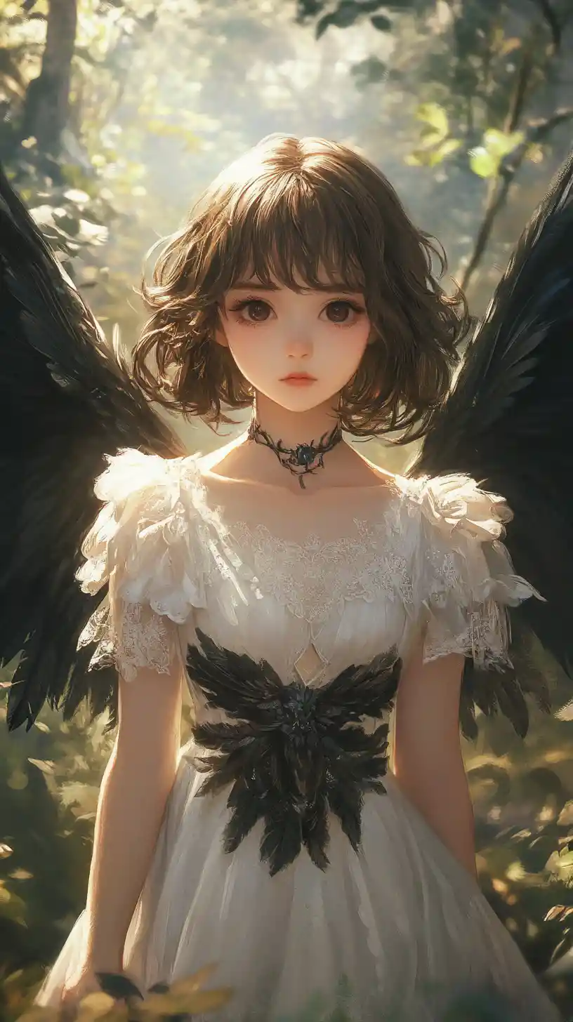 Winged anime girl in a white lace dress in forest