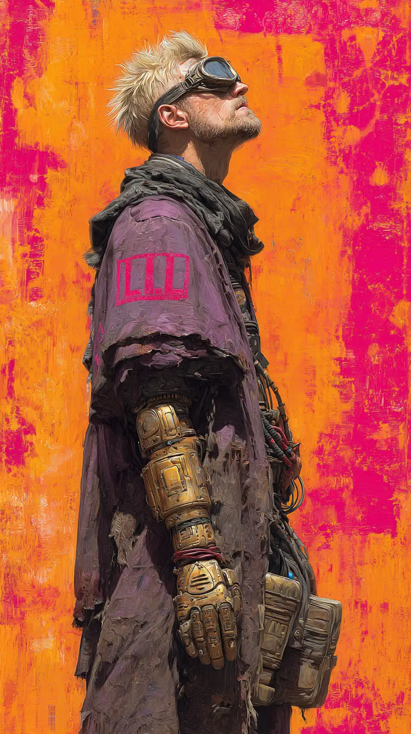 Cyberpunk survivor looking upward with mechanical arm