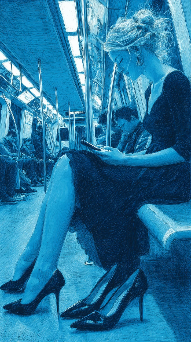 Elegant woman barefoot on a subway train seat