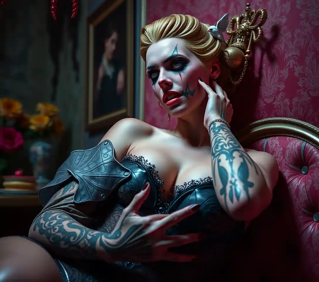 Surreal comedic horror scene with sensual vibrant details