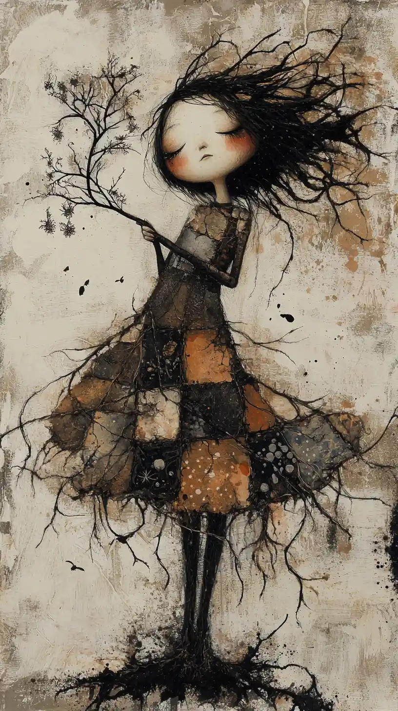 Melancholic girl holding glowing fungi branch in soft fibers