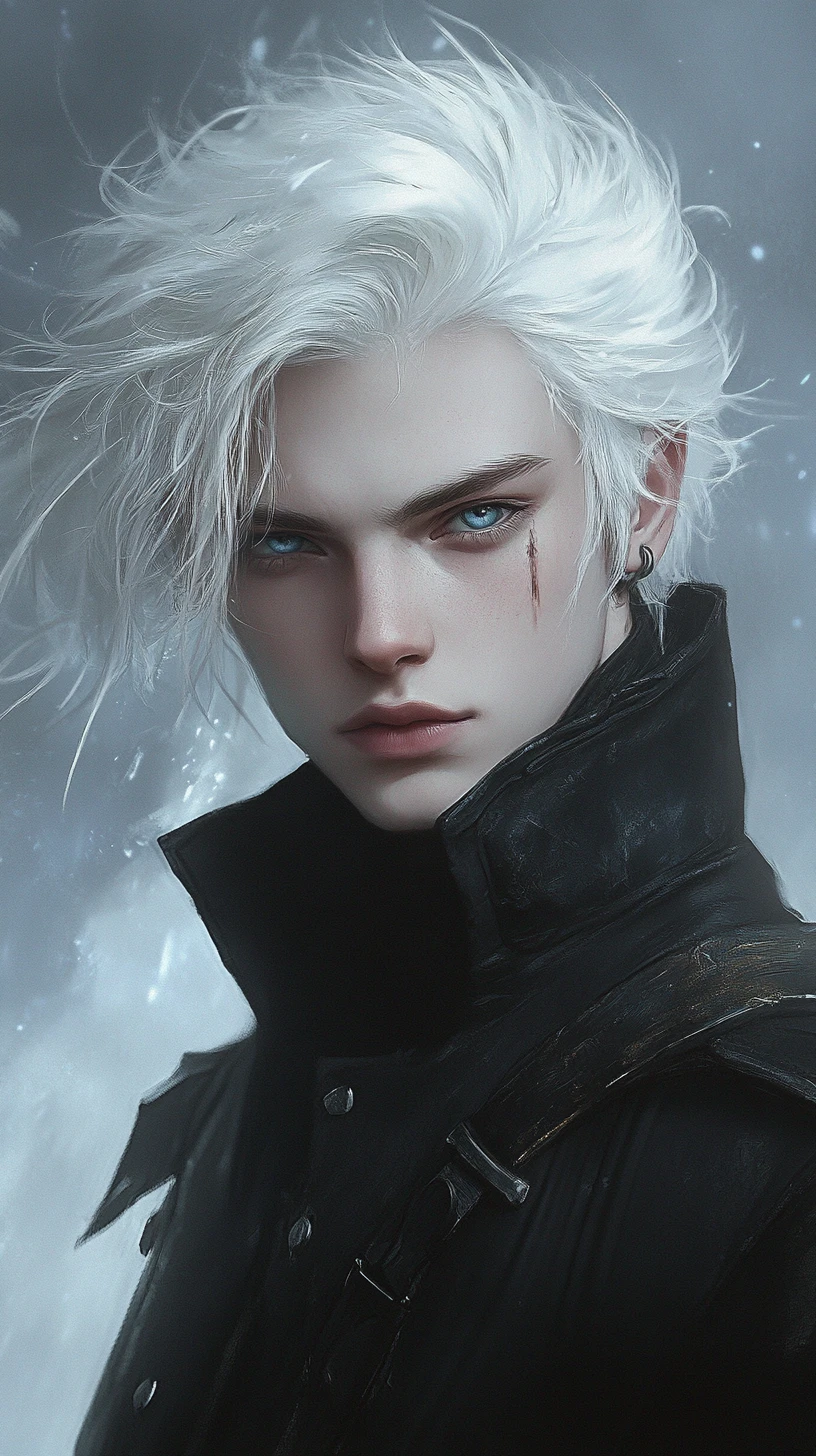 White haired anime man with intense azure gaze