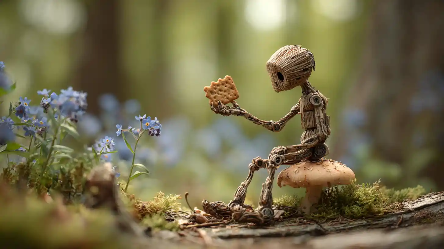 Tiny humanoid resting on a mushroom in a blue flower forest