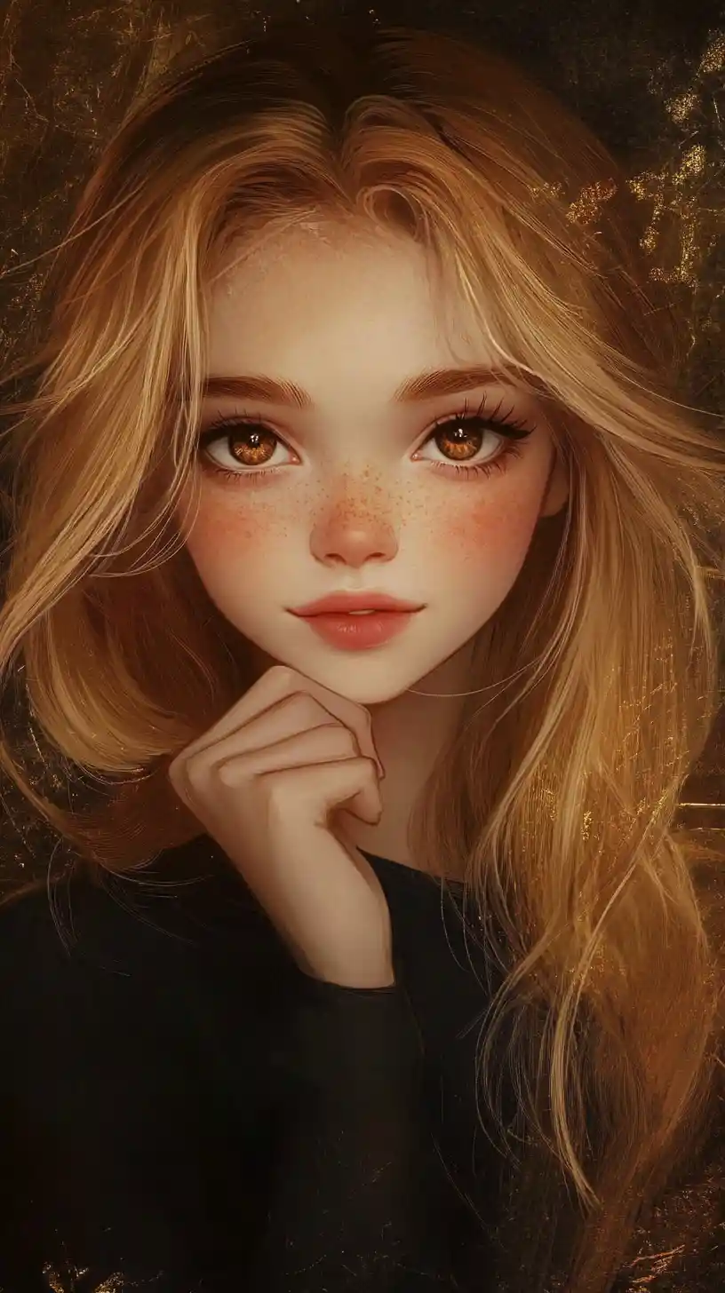 Anime girl portrait with large eyes and soft freckles