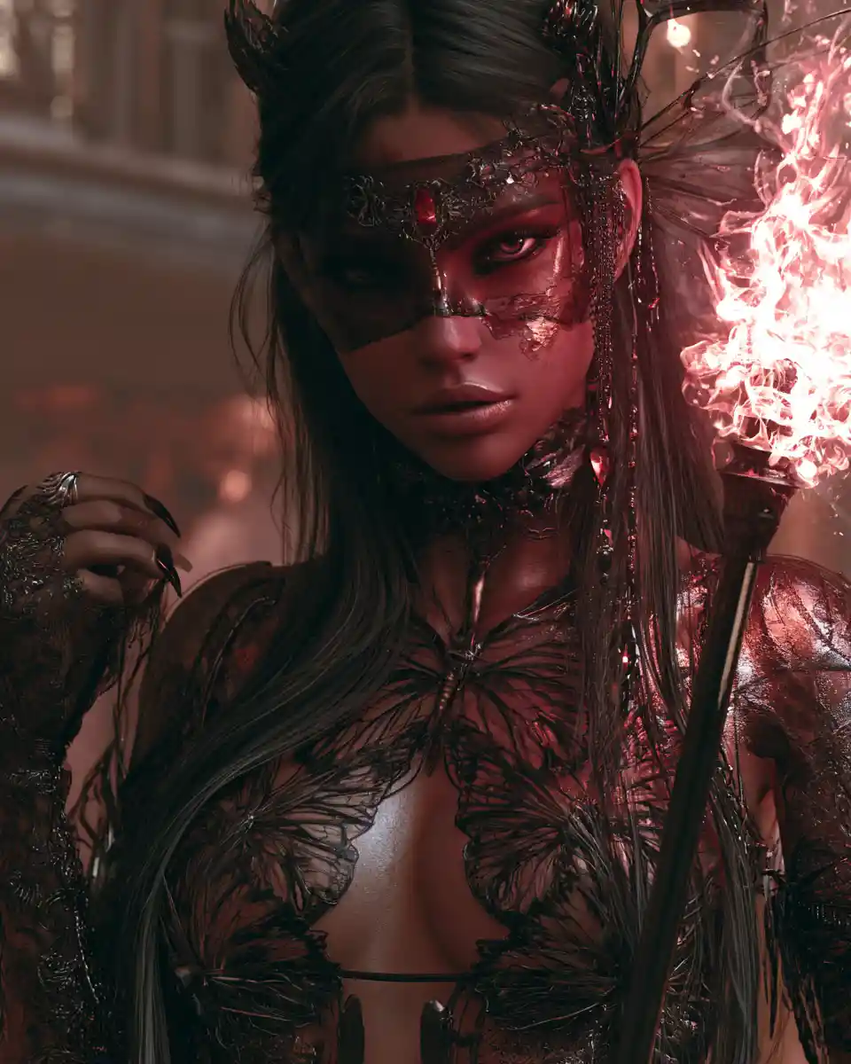 Eerie devilish woman with flaming staff and butterfly bones