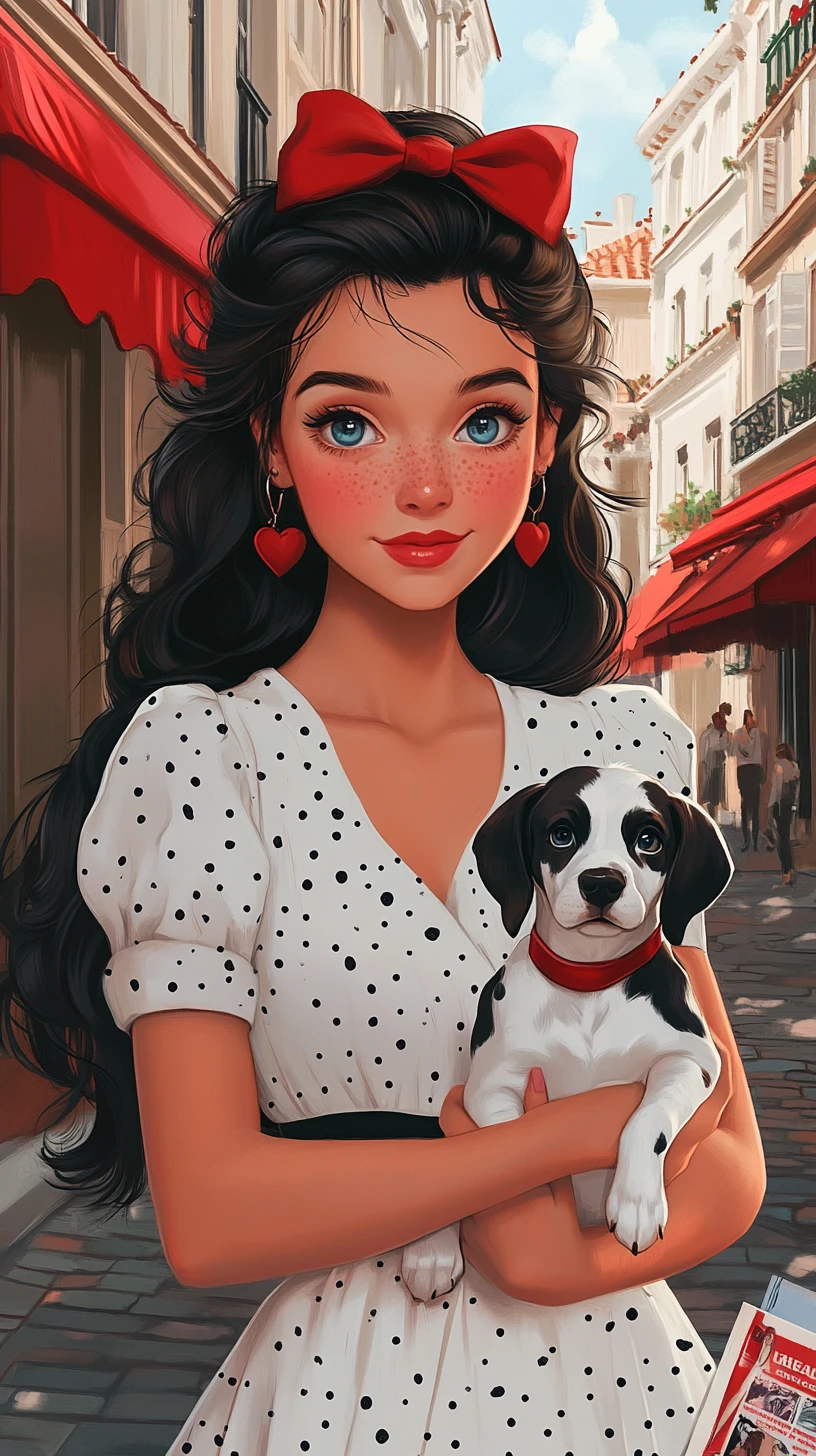 Retro girl holding dalmatian puppy on parisian street