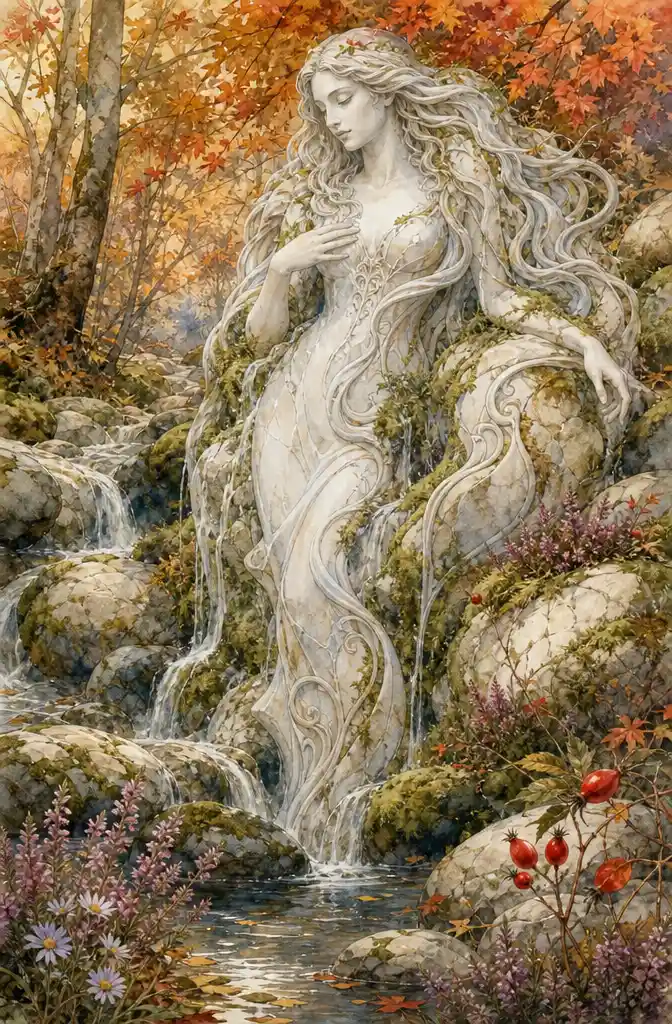 Marble mother nature statue in an autumn forest stream