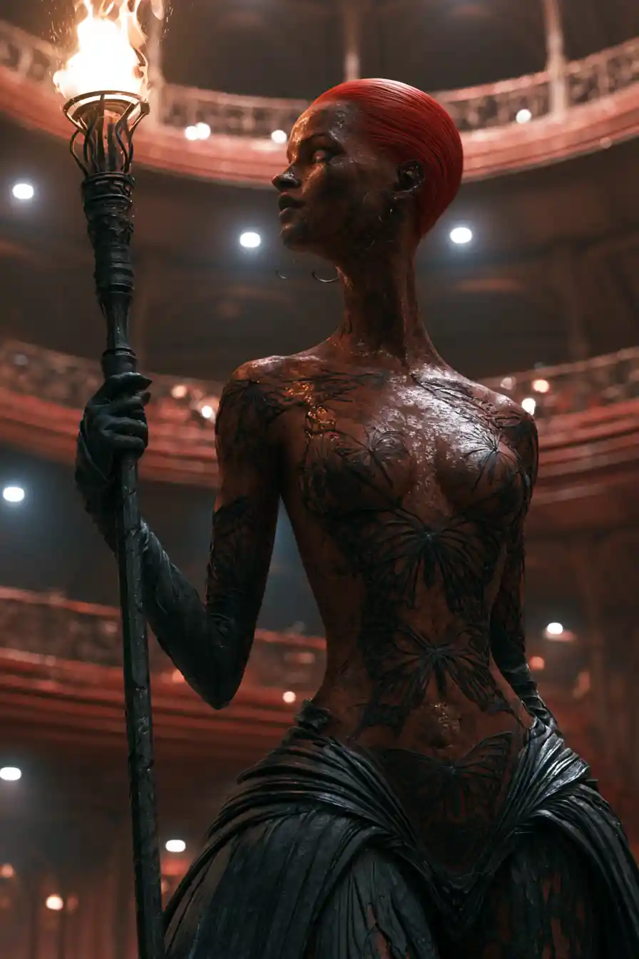Otherworldly hybrid woman with flame staff on balconies