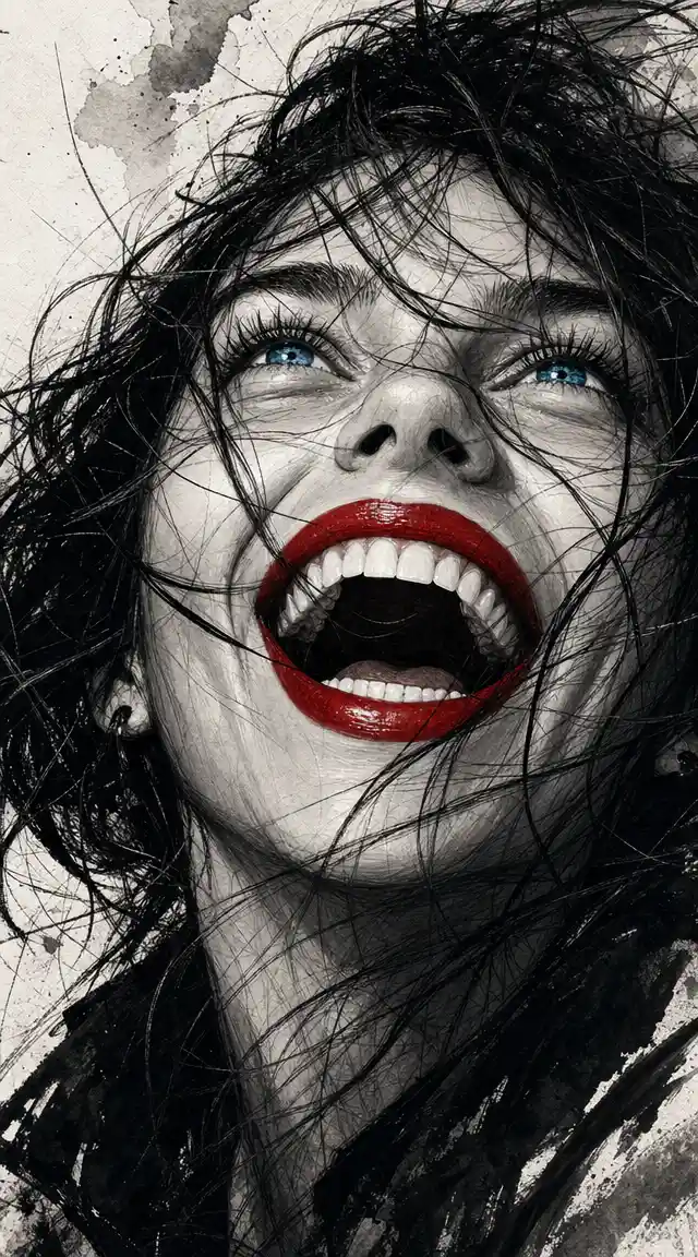 Extreme close up of laughing woman with wild ink hair