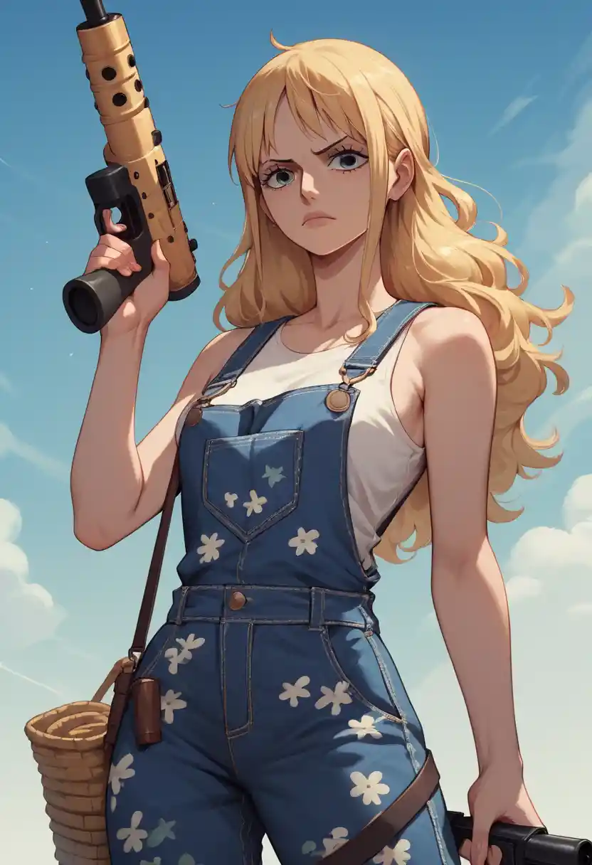 Blonde girl in camouflage overalls holding a paintball gun