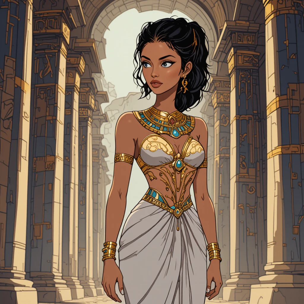 Regal Egyptian Woman In White Gown Before Temple Columns