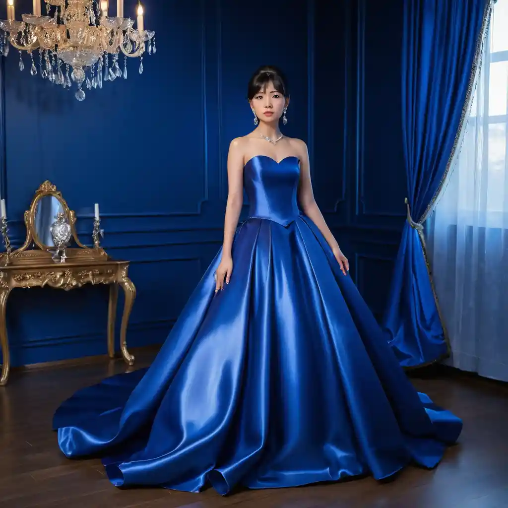 Elegantes Mädchen im königsblauen Satinballkleid im Interieur