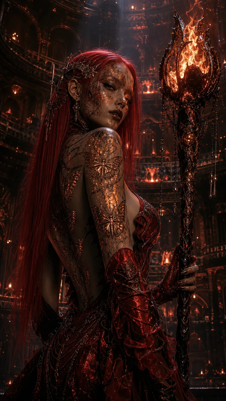 Otherworldly woman with flame staff and skeletal butterflies