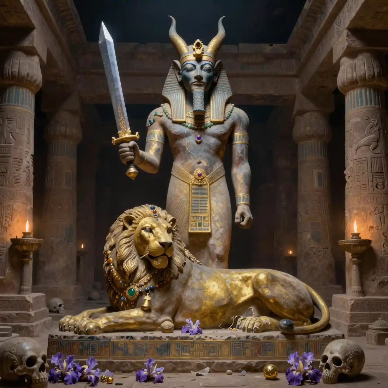 Rabisu demon statue towering over lion prey in temple