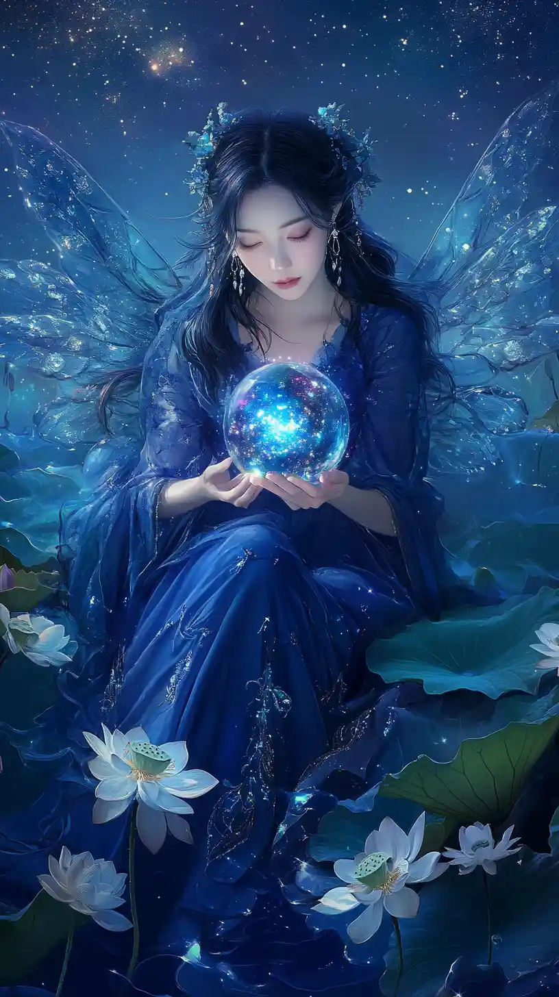 Ethereal fairy woman with lotus gown and crystal galaxy orb