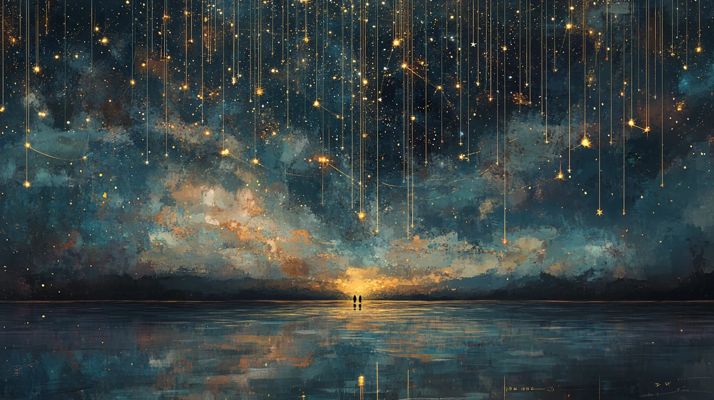 Surreal sky tapestry anchored above a reflective horizon