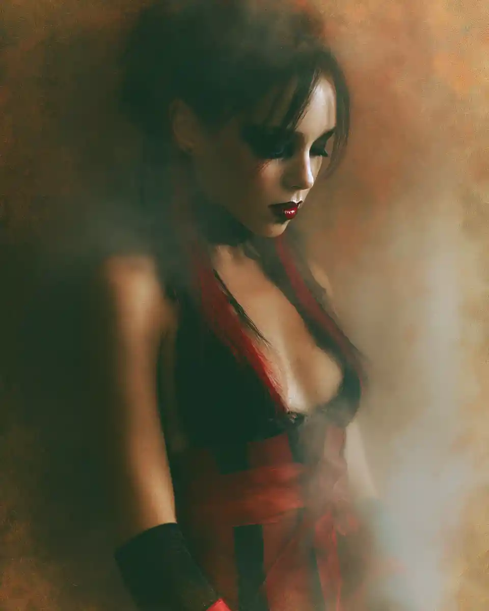 Gothic woman in foggy soft focus oil painting scene