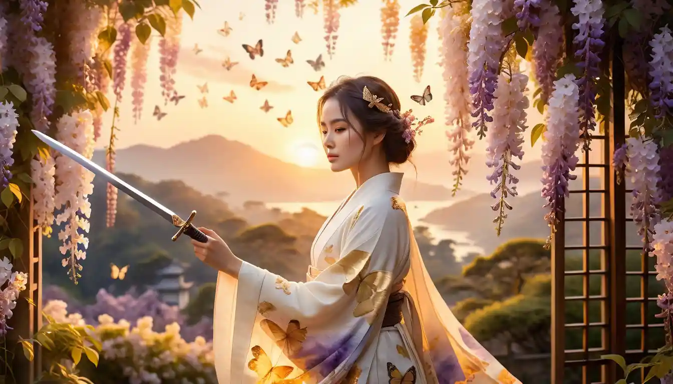 Butterfly warrior woman at sunrise in wisteria field