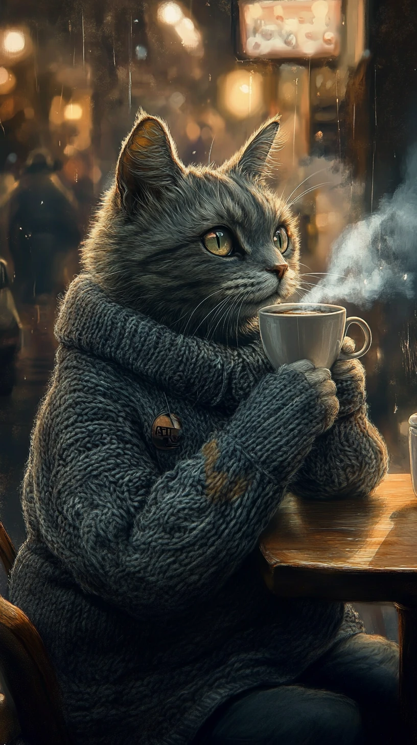 Grey cat in a sweater sipping coffee at a cafe table