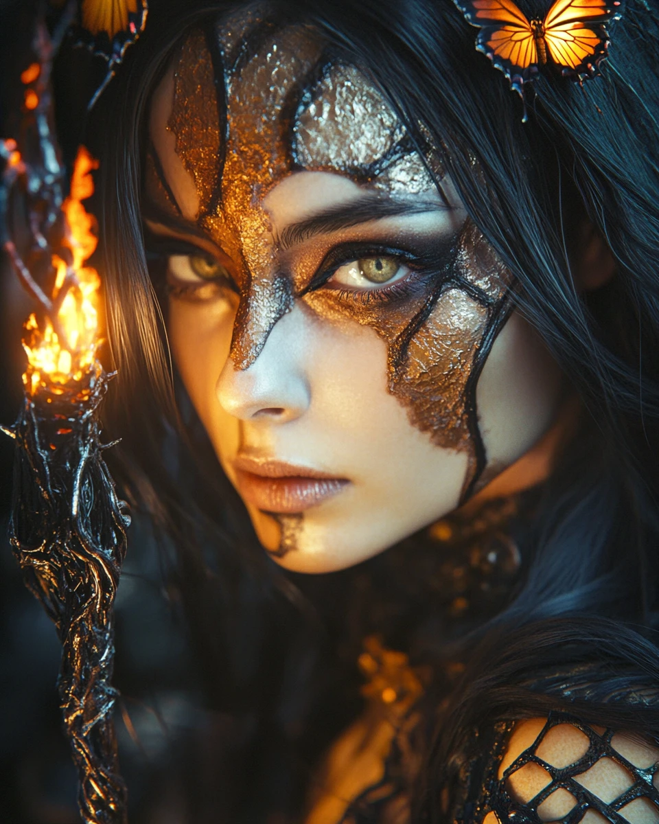 Eerie devilish woman with flaming staff and butterfly bones
