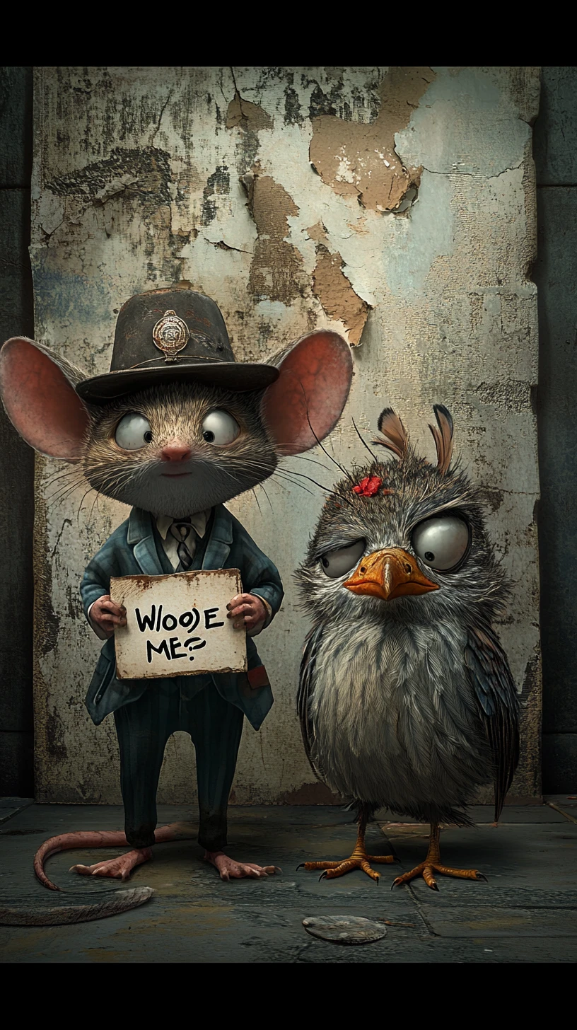 Cartoon mouse and bird posing for a quirky police mugshot