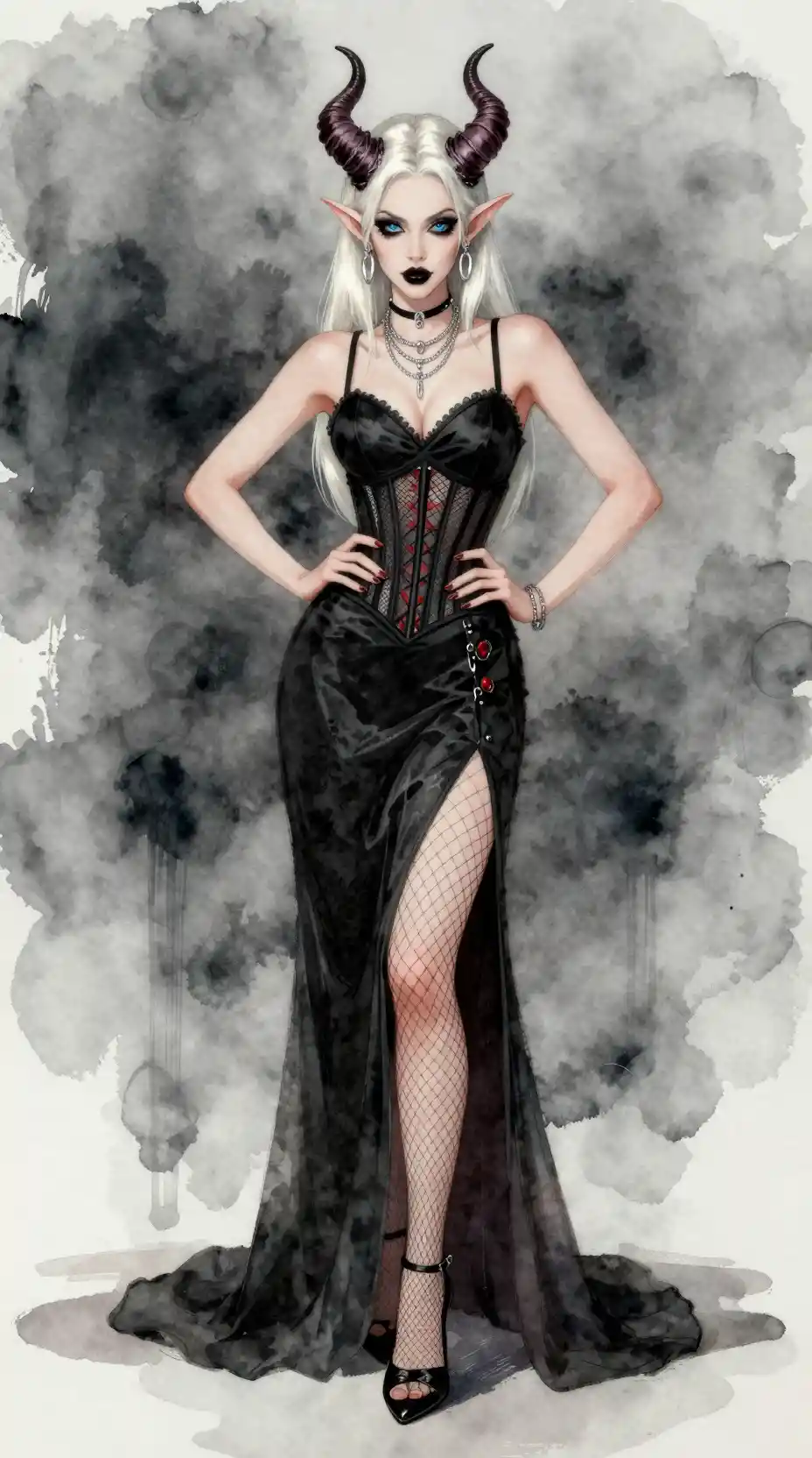 Gothic tiefling woman in black evening gown posing confidently