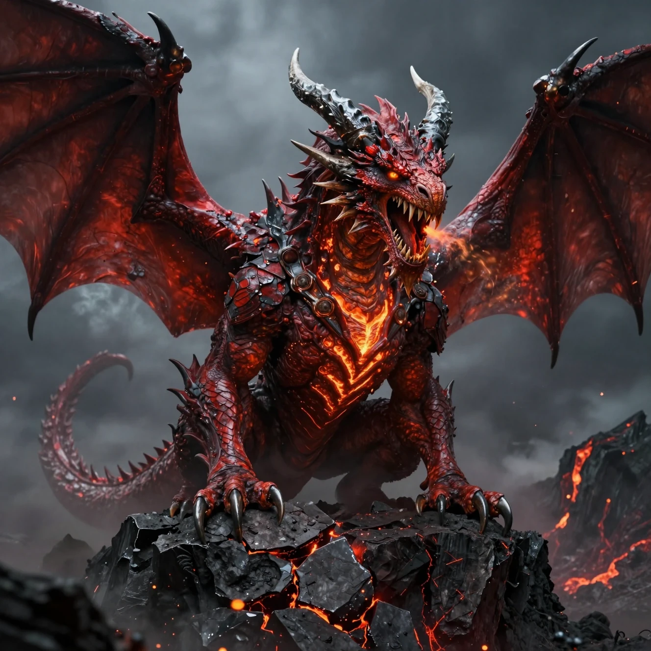Ancient red dragon on shattered volcanic cliff at dusk