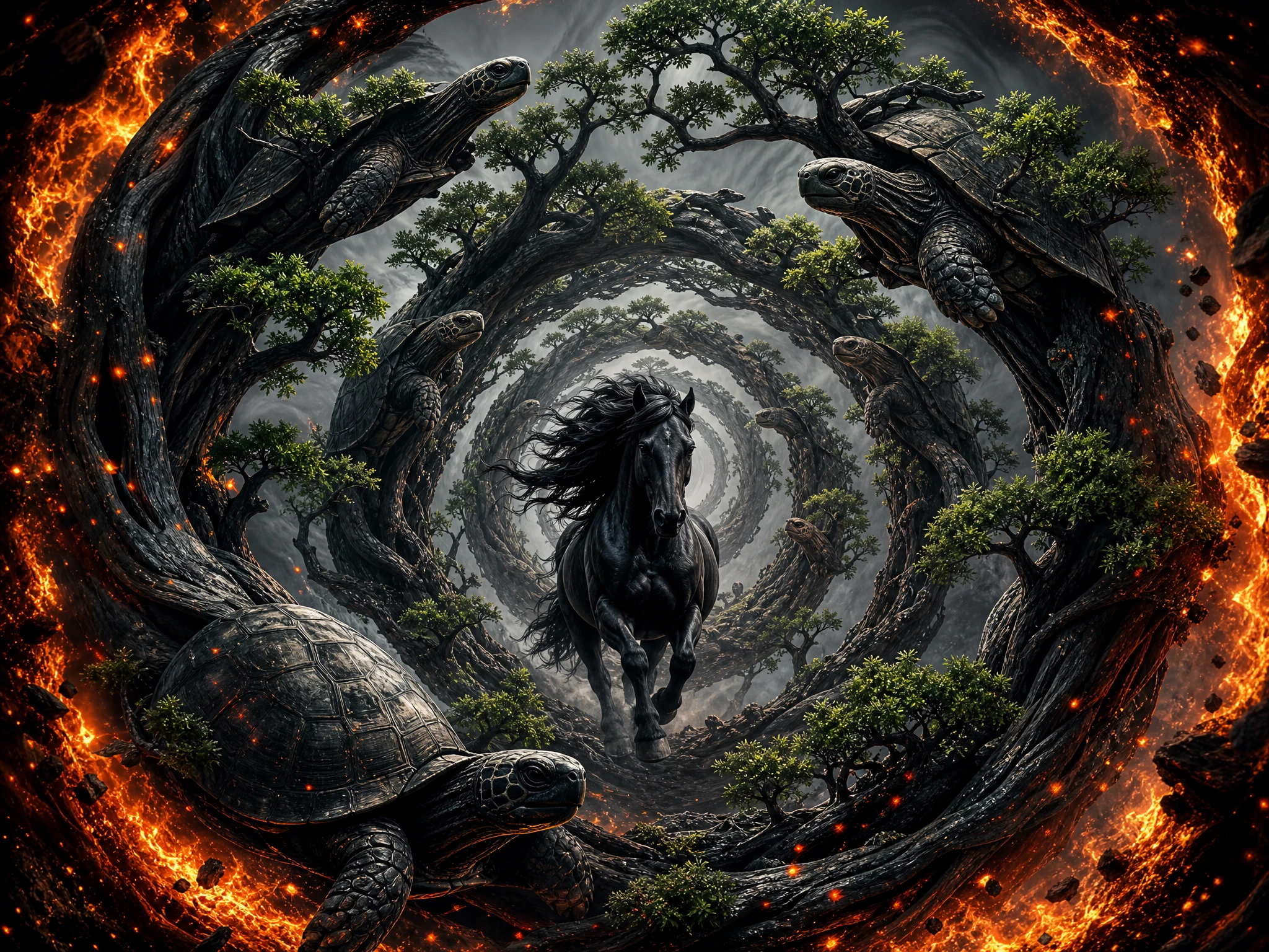 Majestic black horse in a spiral of surreal trees