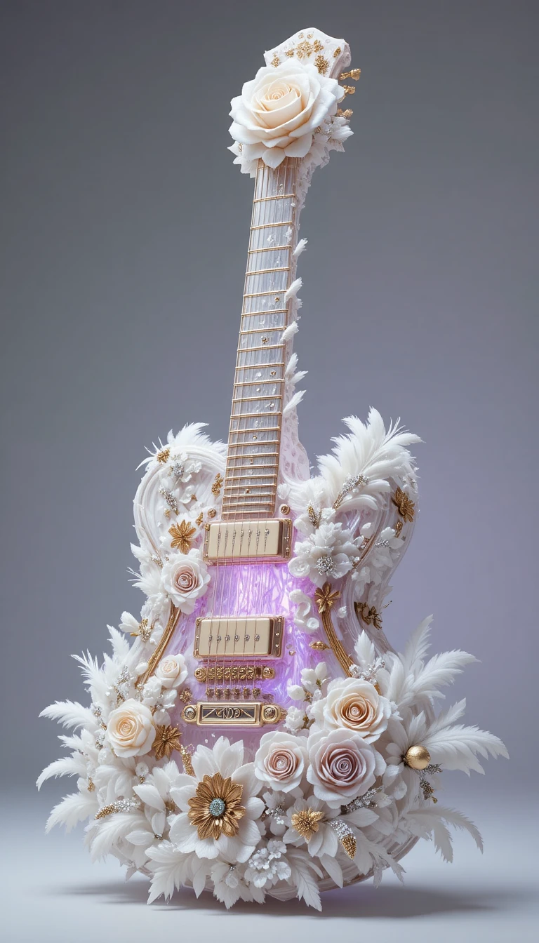 Luxurious crystal guitar with baroque carvings and feathers