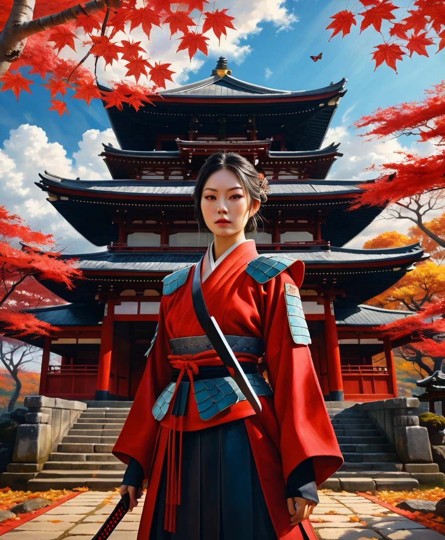 Butterfly warrior woman before an ancient shrine in autumn