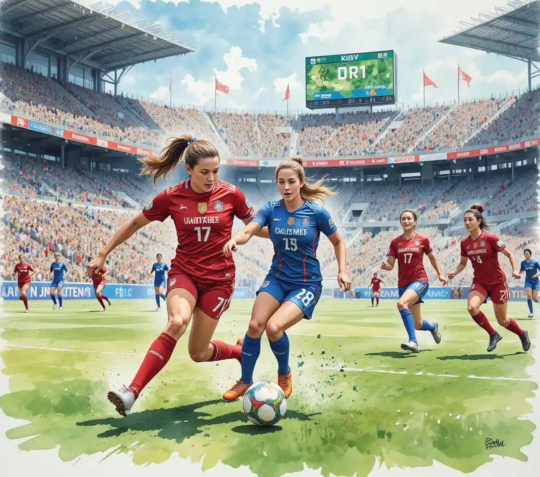 Women footballers clash over the ball in watercolor stadium