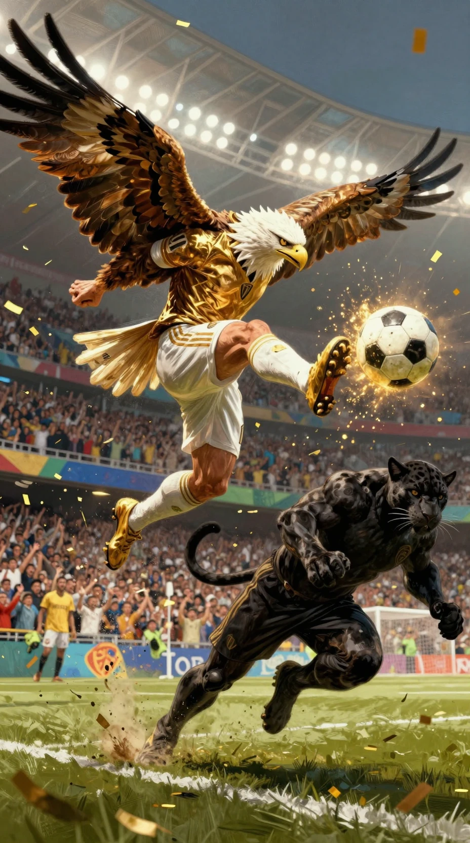 Eagle captain bicycle kick in roaring football stadium