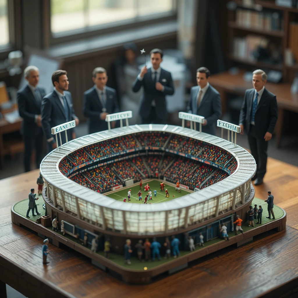 Miniature Soccer Stadium Match On A Wooden Table