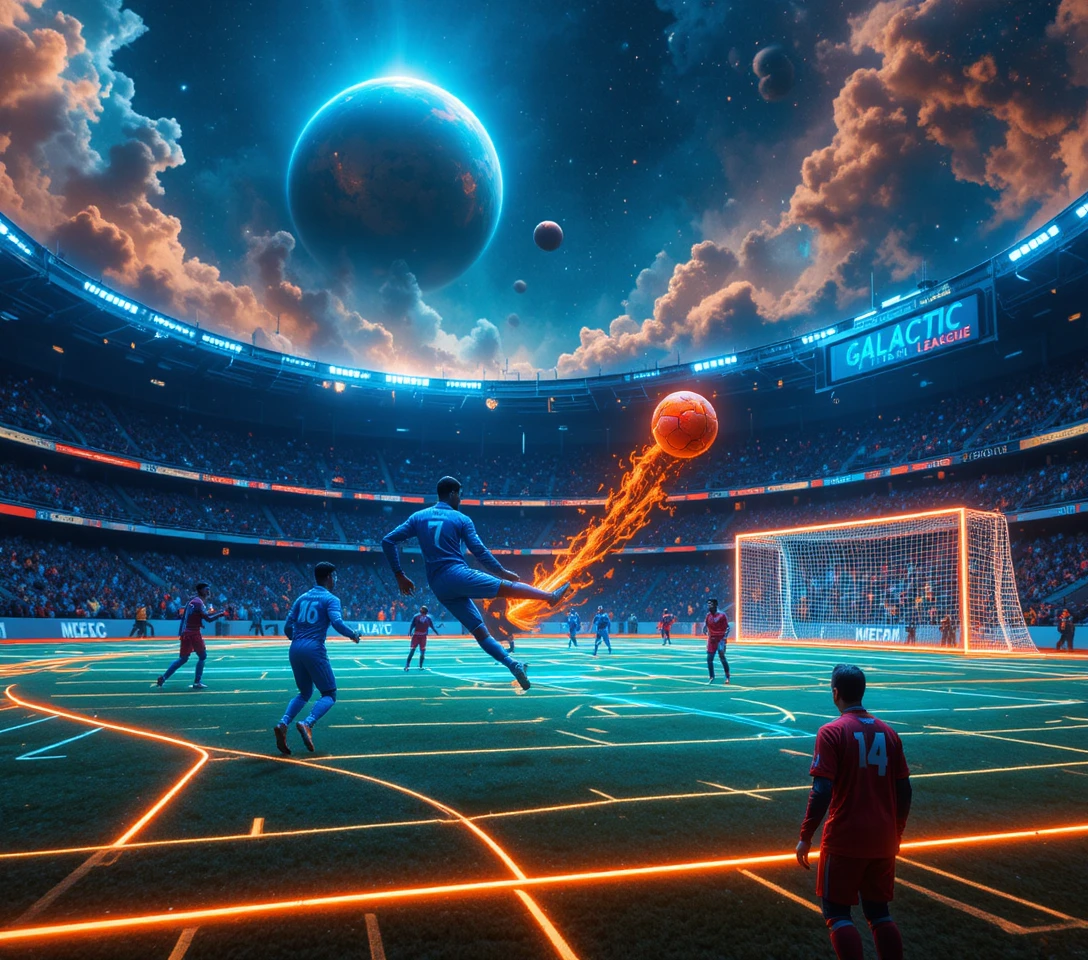 Zero gravity soccer match in a glowing space stadium