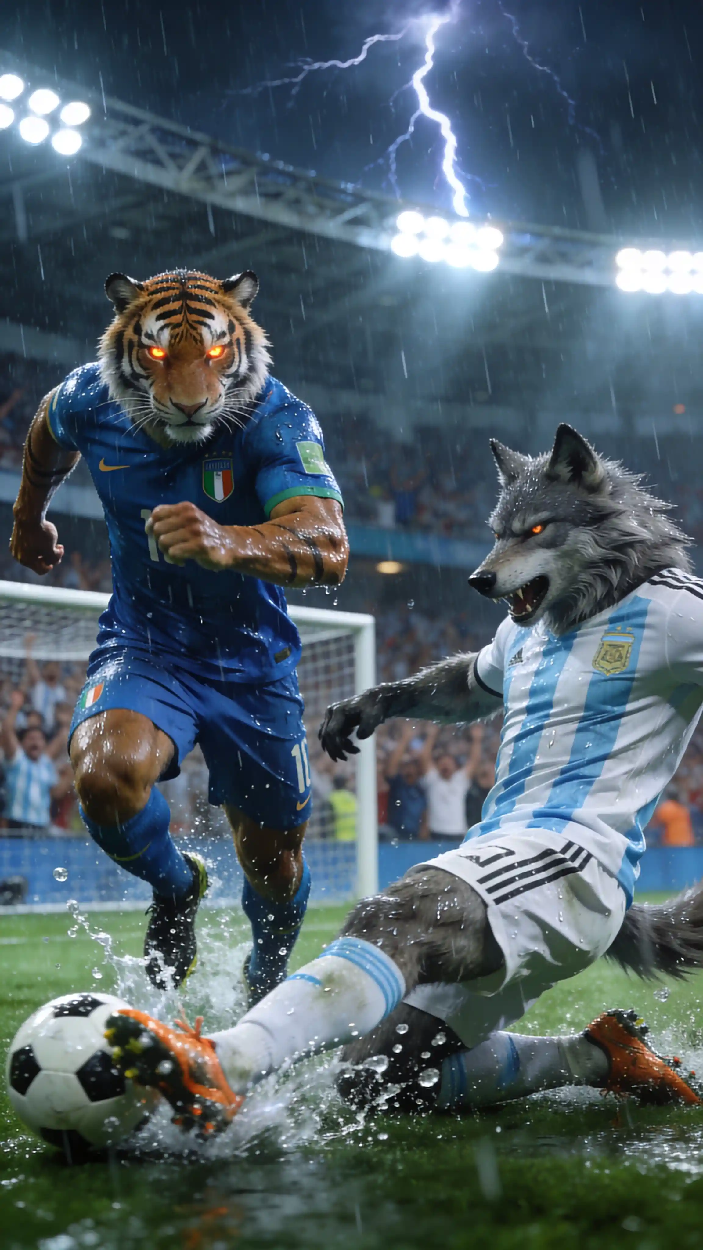 Tiger striker and wolf defender clash in rainy football final