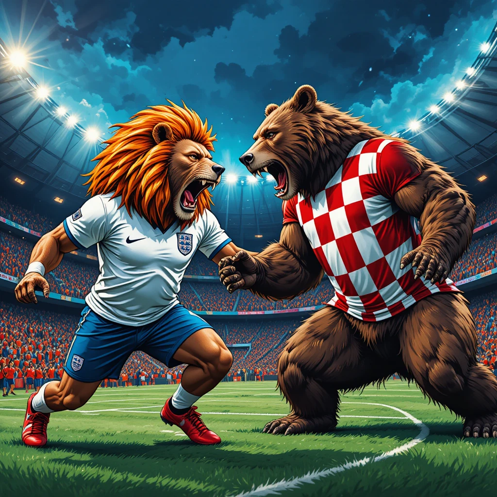 Lion in England jersey charging a grizzly on soccer pitch