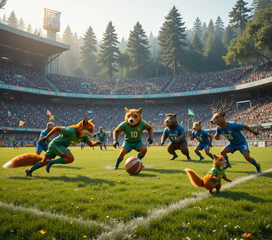 Waldtiere kämpfen in einem vollen Fußballstadion im Wald