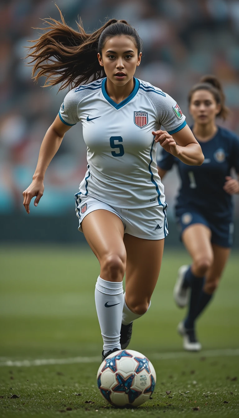 Female midfielder sprinting forward with the soccer ball