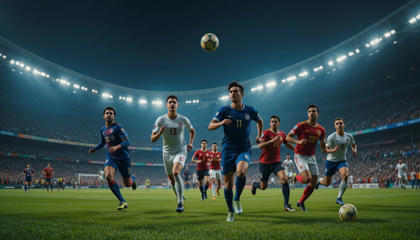 Intense World Cup final under stadium lights with sprinting players