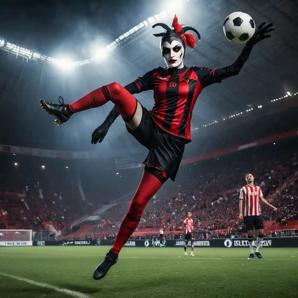 Dark fantasy female athlete kicks a blazing soccer ball