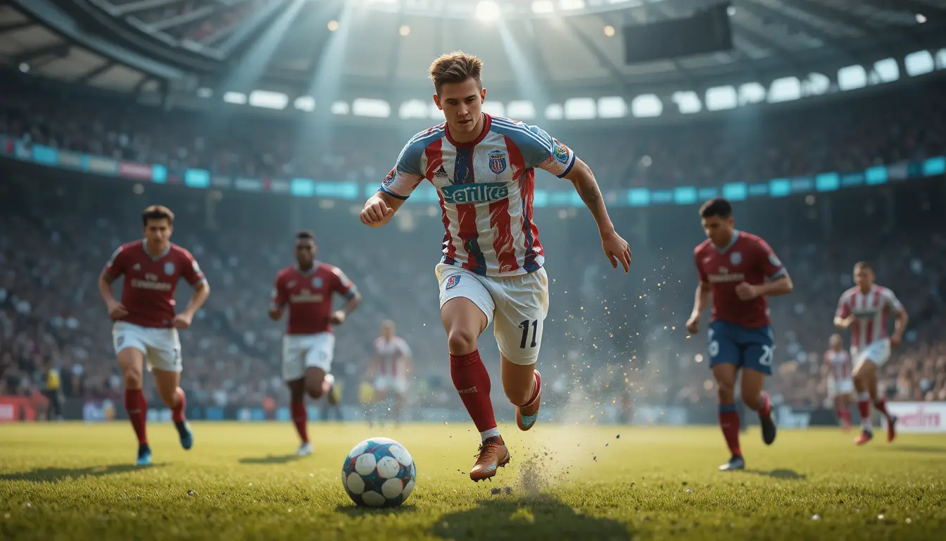 Soccer player sprinting down the pitch chased by defenders
