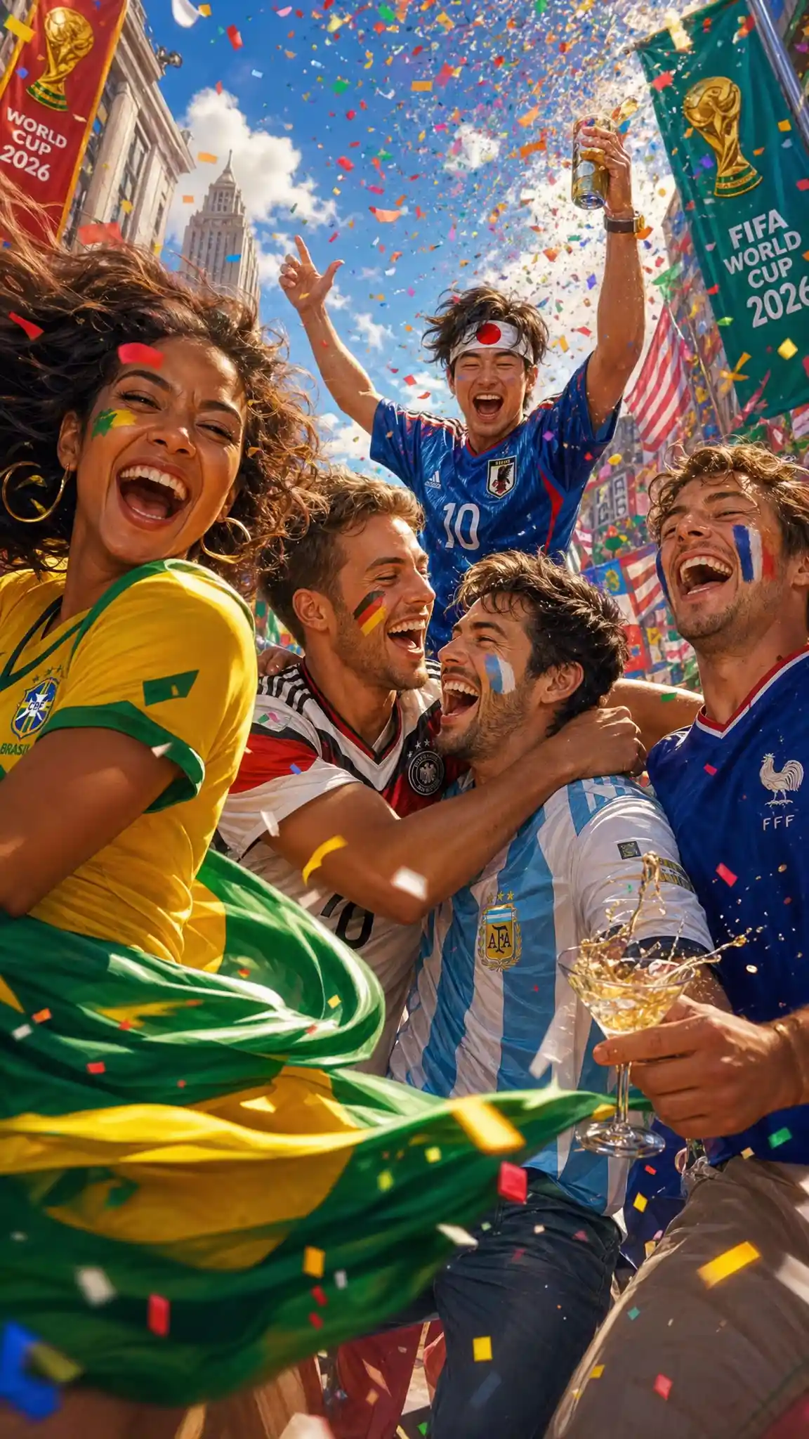 Brazilian fan spinning with flag in street celebration