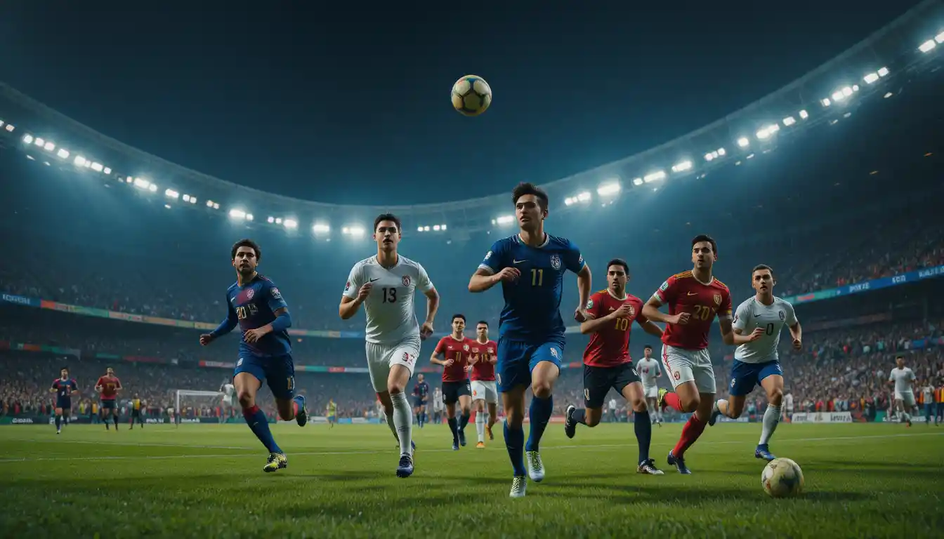 Finale di Coppa del Mondo intensa sotto le luci dello stadio con giocatori in sprint