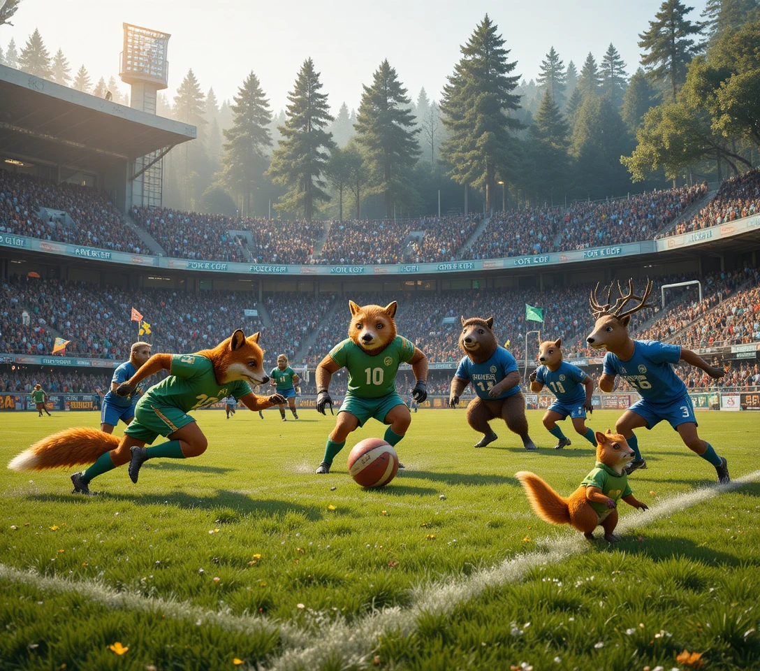Woodland animals battling in a crowded forest football stadium