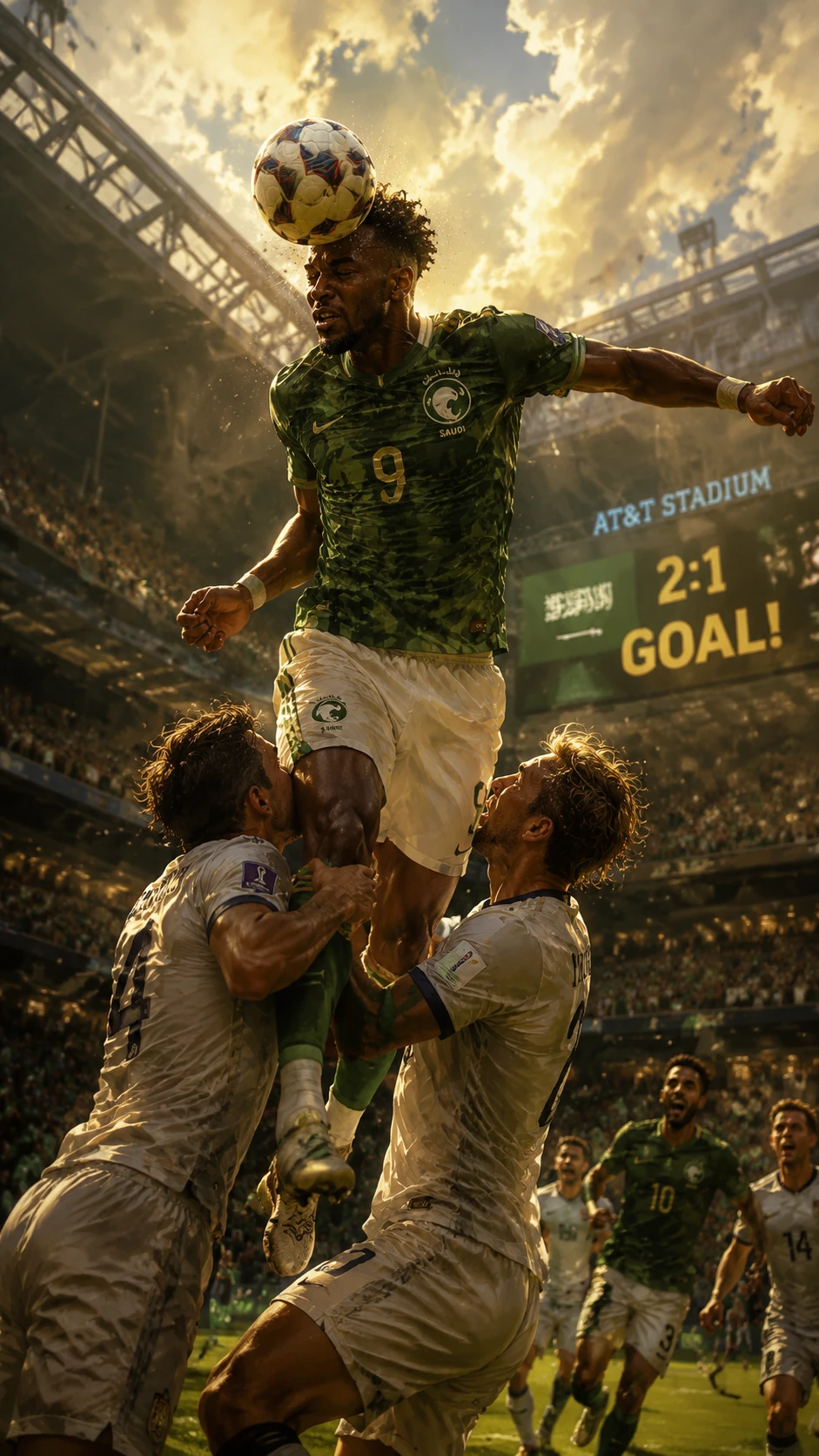 Young striker scoring a powerful header in bright stadium