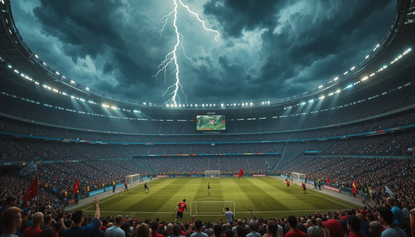 Epic world cup final in a stormy futuristic stadium